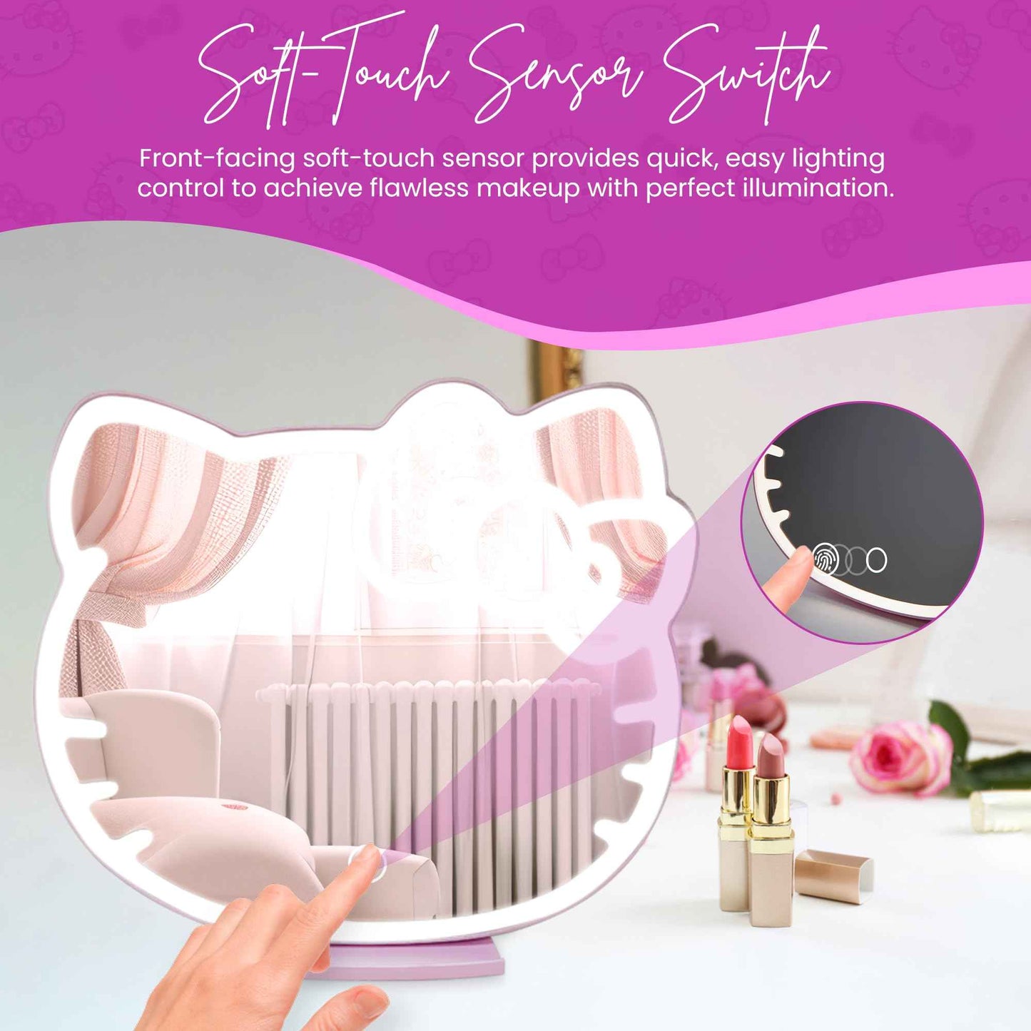 Impressions Vanity Supercute Hello Kitty Tabletop Desk Mirror with Lights and Touch Sensor Switch, Adjustable Tri Tone LED Lighted Makeup Mirror with Hidden Extendable Tray and Phone Holder
