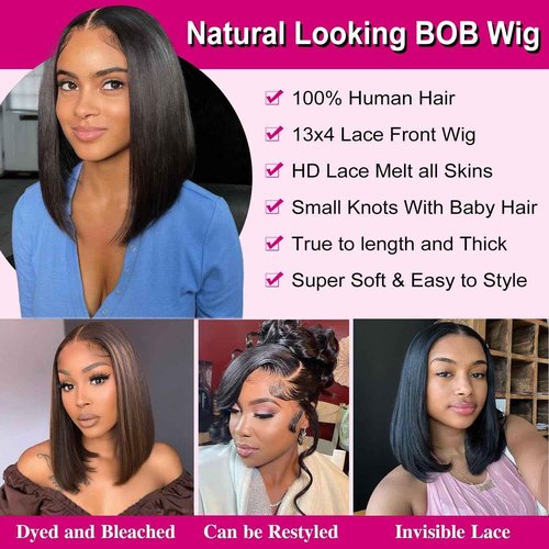 Hihmarm 13x4 HD Lace Front Wigs Human Hair Pre Plucked Bob Wig Human Hair Glueless Wigs For Black Women 180 Density Straight Frontal Wigs Black Wig Human Hair Nature Hairline (Black, 16 Inch)
