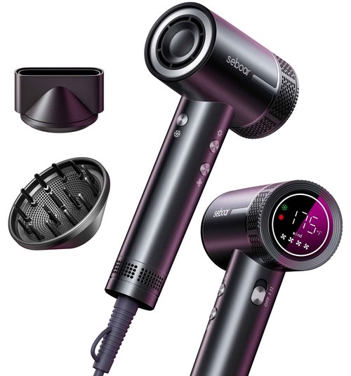 seboar High-Speed Ionic Hair Dryer with Diffuser, Professional LCD Display Thermo-Control Blow Dryer, 1500W Fast Dry, 500 Million Negative Hairdryer, Low Noise, Lightweight for Travel Home Salon