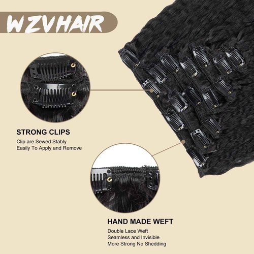 WZVHAIR Clip in Hair Extensions Kinky Straight Clip in Hair Extensions 100% Virgin Human Hair 7pcs with 16Clips 120g/set Natural Black Yaki Straight (Kinky Straight, 20 Inch)