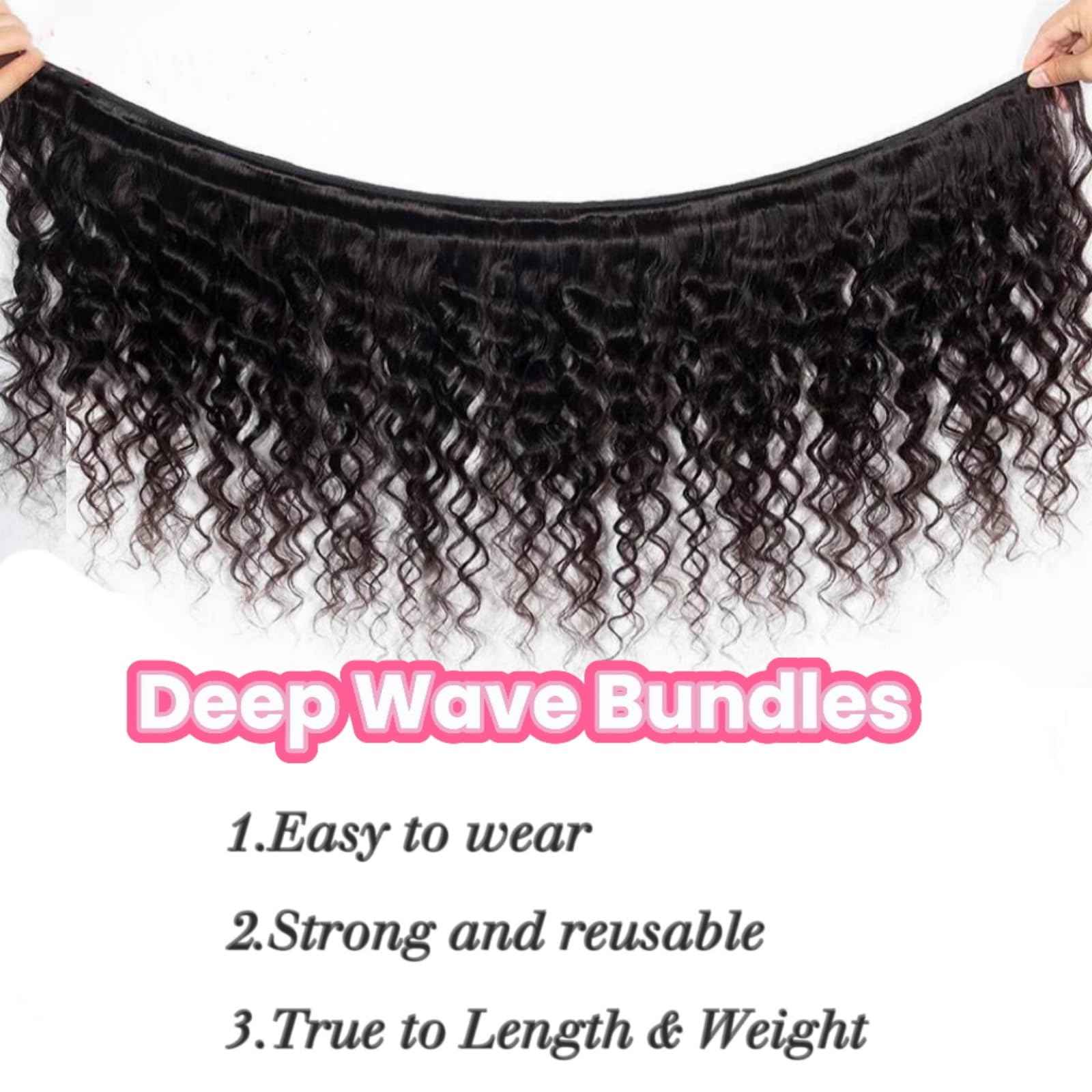 Human Hair Bundles 18 20 22 Inch Deep Wave Bundle 12A Brazilian 100% Unprocessed Virgin Human Hair 3 Bundles Deep Curly Wet and Wavy Human Hair Quick Weave Extensions for Women Natural Black