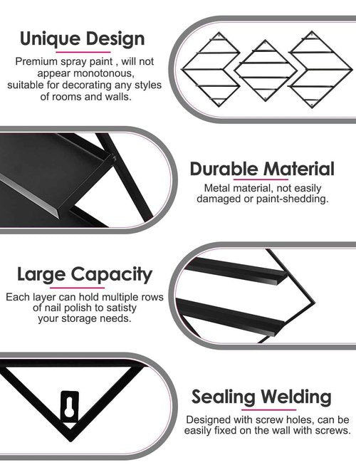 EBANKU Metal Wall Mounted Nail Polish Storage Racks, Black Display Rack Cosmetic Display Case Lipstick Wall Shelf Essential Oil Organizer for Bottles Spa Nail Salon (Irregular Rhomboid)