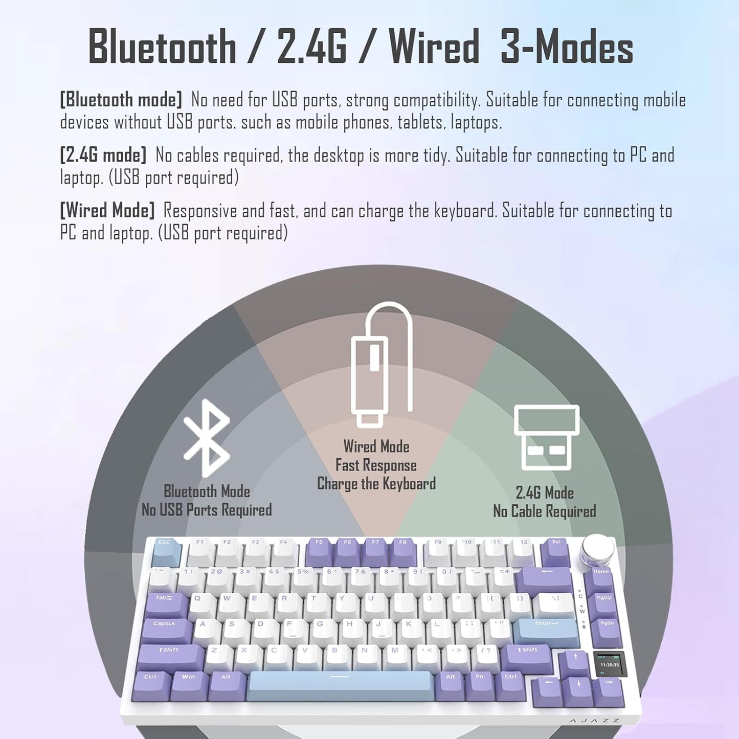 AJAZZ AK820 Pro 75% Gasket RGB Wireless Mechanical Keyboard with TFT Screen, Volume knob, Bluetooth/2.4G/Wired 3-Modes, Compact 82 Hot-Swap Keys, Tricolor PBT Keycap, 4000 mAh (Gray&Yellow 3-Modes)