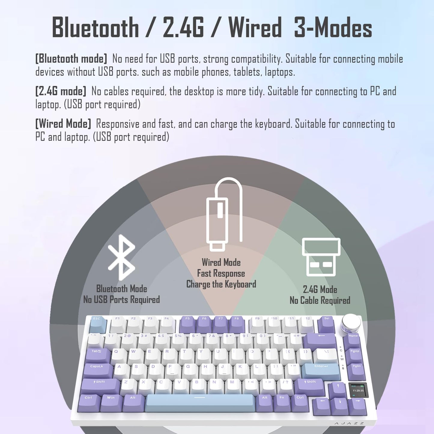 AJAZZ AK820 Pro 75% Gasket RGB Wireless Mechanical Keyboard with TFT Screen, Volume knob, Bluetooth/2.4G/Wired 3-Modes, Compact 82 Hot-Swap Keys, Tricolor PBT Keycap, 4000 mAh (Purple&Blue 3-Modes)