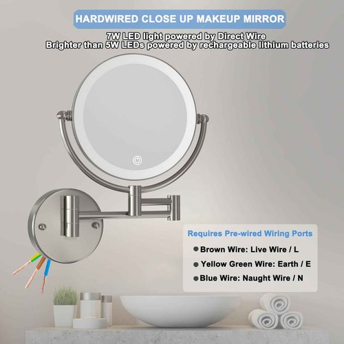 Wall Mounted Lighted Makeup Vanity Mirror with Magnification, 8 Inch Double Sides 10X Magnifying Bathroom Mirror 3 Color Lighting Touch Dimming, Extended Arm Shaving Mirror Hard Wired, Brushed Nickel