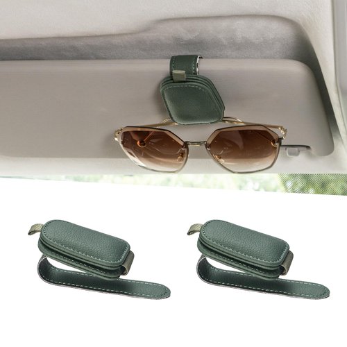 Yuoyar Sunglass Holder for Car, Magnetic Leather Sunglasses Holder and Ticket Card Clip, Car Visor Accessories, 2 Packs (Green)