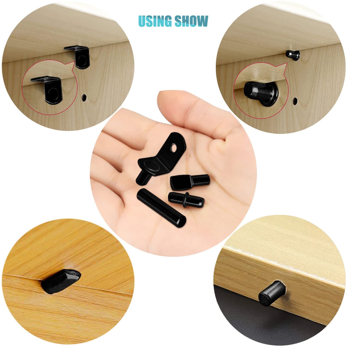 104Pcs Shelf Pins Pegs Kit,4 Styles Shelf Support Pegs,Bookshelf Pegs for Shelves,Cabinet Shelf Bracket Pegs Shelf Holders Pins for Kitchen Furniture & Closet (5mm & 1/4 inch,Black)