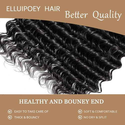 Elluipoey Deep Wave Bundles Human Hair 12 14 16 Inch Deep Curly Bundles 15A Grade 100% Unprocessed Brazilian Virgin Hair Wet and Wavy Bundles Double Weft Natural Black Color