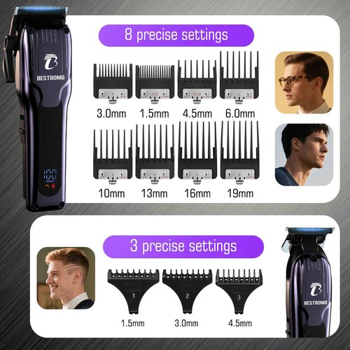 BESTBOMG® Hair Clippers for Men, Professional Hair Clippers, Beard Trimmer& Rechargeable Shaver Set, Metal T-Blade, LED Display, Barber Hair Cutting Kit for Men Grooming & Gifts, BS-808C (Blue)