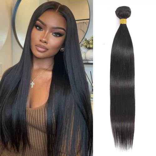 Straight Bundles Human Hair 32 Inch One Bundles 10A Brazilian Bundles Human Hair 100% Unprocessed Virgin Remy Hair Natural Black Bundles Weave Hair Extensions for Black Women Double Machin Weft