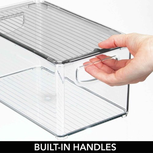 mDesign Deep Plastic Bathroom Storage Bin Box, Lid/Built-in Handles, Organization for Makeup, Hair Styling Tools, Toiletry Accessories in Cabinet, Shelves, Ligne Collection, 4 Pack, Clear/Smoke Gray
