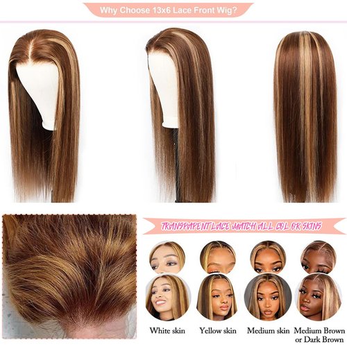 Smavida 13x6 Highlight Straight 4/27 HD Lace Front Wig Human Hair,20Inch Brown Colored HD Transparent Lace Frontal Wig Human Hair Brown to Blonde Ombre Highlight Lace Wigs