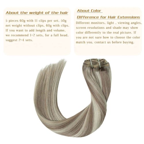 Ash Brown Highlights Platinum Blonde Clip in Real Human Hair Extensions for Women 22 Inch Remy Brazilian Clip on Human Hair Natural Straight Clip ins Hair Invisible Double Weft 60G 5 PCS