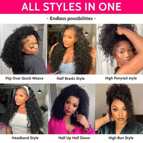 Kinky Curly Half Wig Human Hair 200% Density 3 In 1 Seamless Clip Ins Flip Over Half Wig Wear and Go Glueless Wigs Human Hair for Women Drawstring Headband Wig Beginner Friendly (Black, 18 Inch)