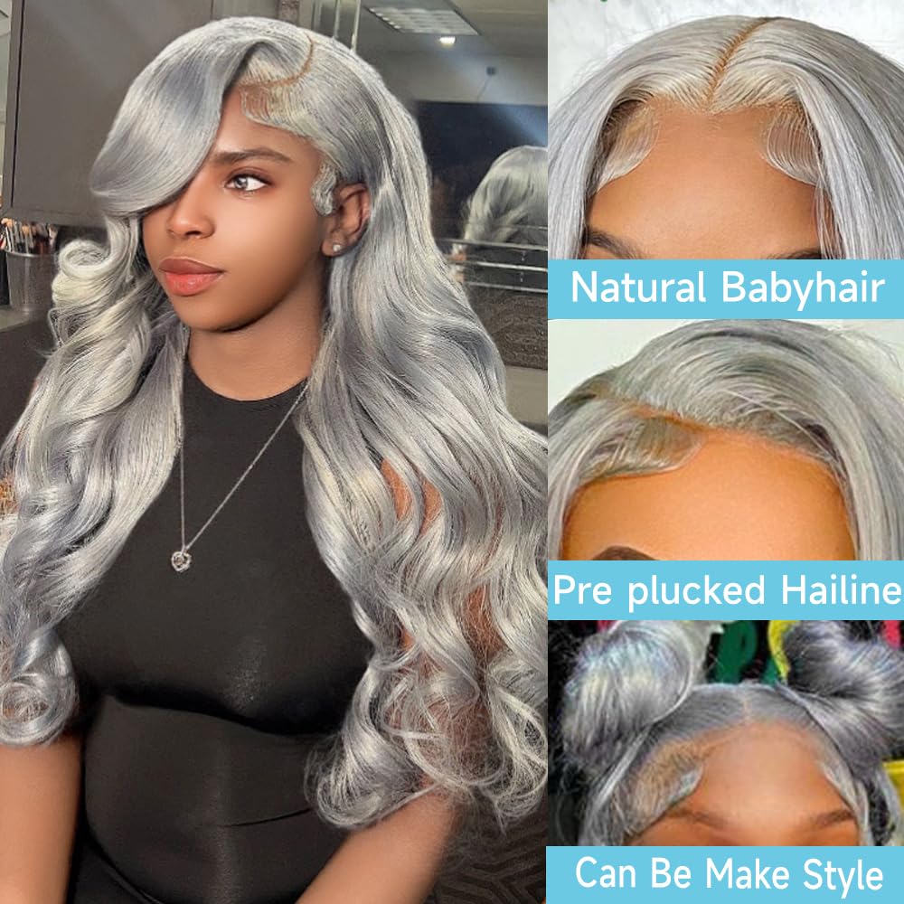 Grey Human Hair Wig 13X4 Body Wave Grey Lace Front Wigs Human Hair Pre Plucked with Baby hair 180% Density Colored wigs for Women 24 inch