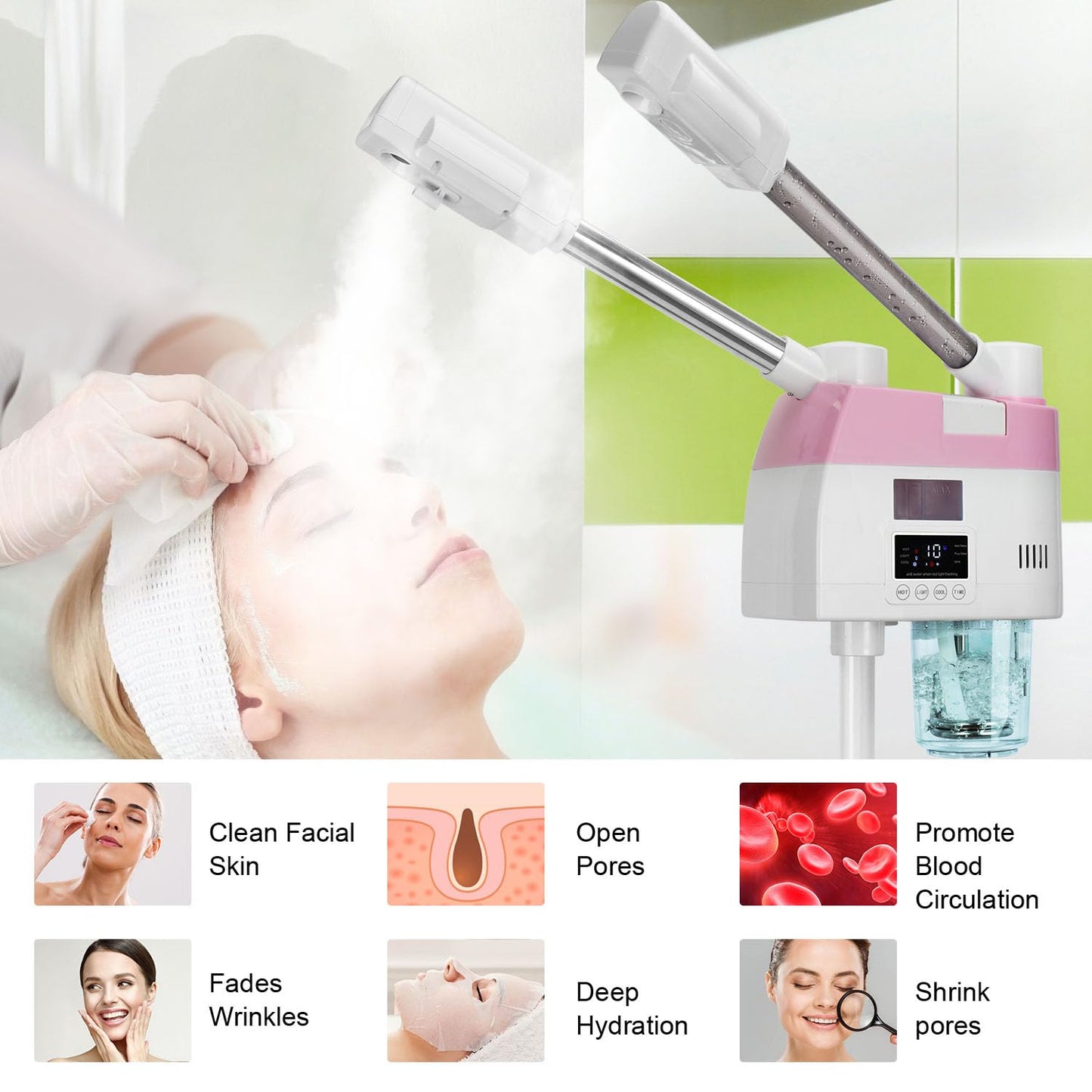 Professional Facial Steamer,2 in 1 Facial Steamers with Hot&Cool Mist, Height Adjustable Face Steamer, Pink Esthetician Steamer for Home Salon Spa