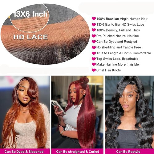 Arqyu Reddish Brown Lace Front Wigs Human Hair 13x6 Body Wave Lace Front Wigs Human Hair Pre Plucked 200% Density (13X6-350# body wave human hair wig, 22 Inch)