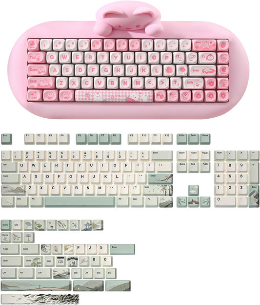 YUNZII C68 65% Wireless Mechanical Gaming Keyboard (Milk Switch, Pink), Spring Tea Dye Sub PBT Keycaps(Cherry Profile, Spring Tea)