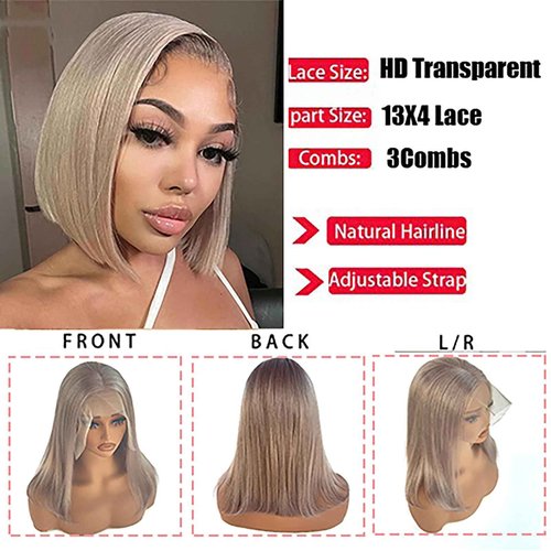 Smavida Ash Blonde HD Transparent Blunt Cut Ash Blonde Bob Wig Human Hair Pre Plucked 13x4 Blonde Lace Front Wigs with Baby Hair Hairline 100% Unprocessed Human Virgin Hair Glueless Bob Wigs