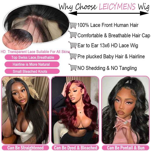 Leicymens 13x6 Lace Front Wigs Human Hair 180% Density HD Lace Frontal Wigs Body Wave Lace Front Wigs Human Hair Pre Plucked With Bleached Knots Black Body Wave Wig 22 Inch
