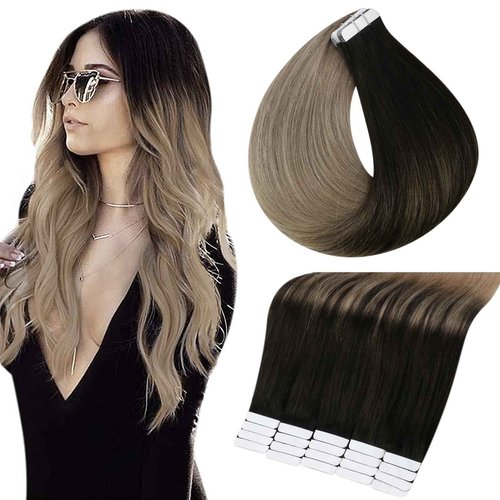 Full Shine 18 and 20 Inch Tape in Hair Extensions Balayage Human Hair Extensions Natural Black #1B Fading to Ash Blonde 18 50 Gram 20 Pcs Ombre Hair Tape in Adhesive Hair Extensions