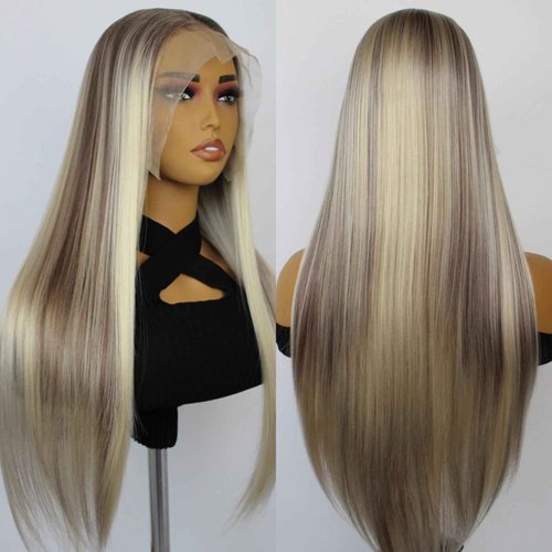mytonecoo 13x6 Lace Front Wig Synthetic Hair Highlight Blonde Balayage Long Straight Synthetic Lace Front Wig with Preplucked Hairline for Women 24inch Daily Wig