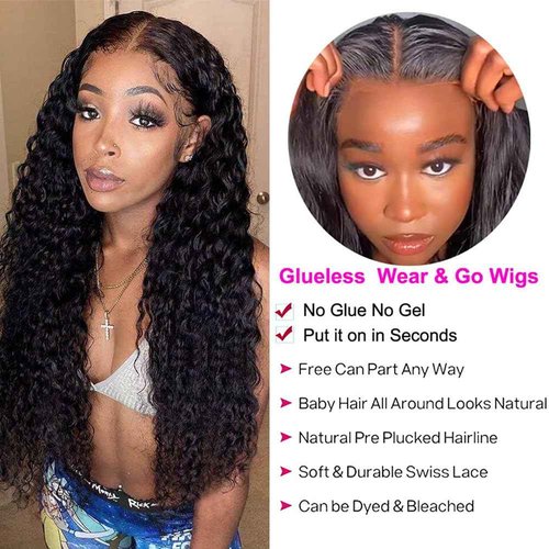 RUI MEI SI Wear And Go Glueless Wigs Human Hair Pre Plucked Pre Cut for Beginners Deep Wave Lace Front Wigs Human Hair 4x4 HD Lace Closure Deep Curly Wigs Human Hair for Women 26 Inch 180% Density