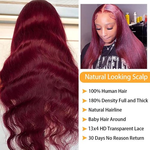28inch Burgundy Lace Front Wigs Human Hair 99j 13X4 Body Wave Lace Front Wigs 180% Density 100% Brazilian Human Virgin Hair Glueless HD Red Wigs Pre Plucked with Bleached Knots Natural Hairline