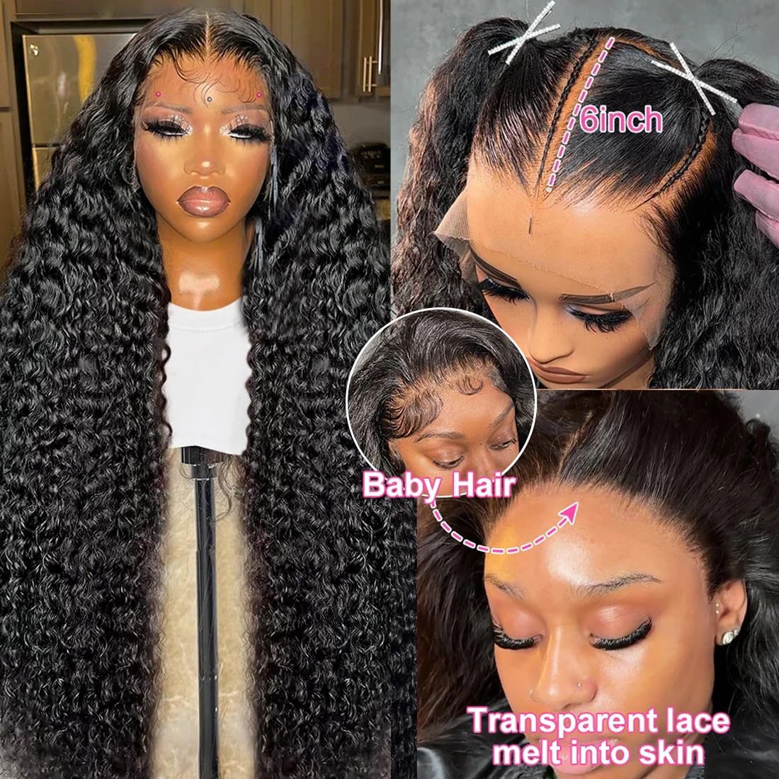 28 Inch 13x6 Deep Wave Lace Front Wigs Human Hair HD Transparent Deep Curly Lace Frontal Wigs Human Hair 180 Density Pre Plucked Glueless Wigs for Women Natural Color