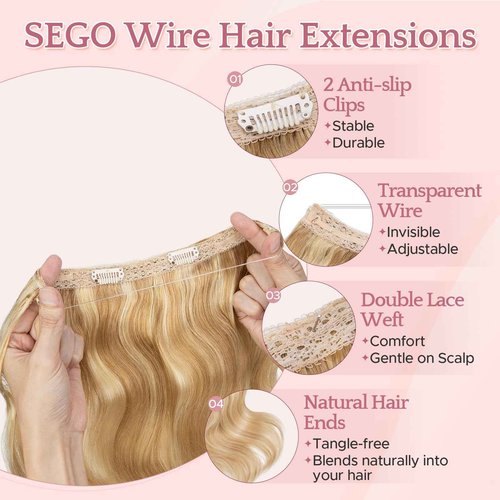SEGO Halo Hair Extensions, Wavy Adjustable Invisible Wire Extensions, Real Human Hair, 2 Clips for Women Transparent Fish Line Extensions, Add Length Volume, 16 inches, Gold Blonde Mixed Bleach Blonde