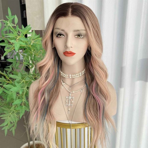 VASTCURY Rainbow Wigs Highlight Pink Blue Ombre Color 13x4 Synthetic Fiber Lace Front Wig Loose Wave 20Inch Pre Plucked Hairline for Women