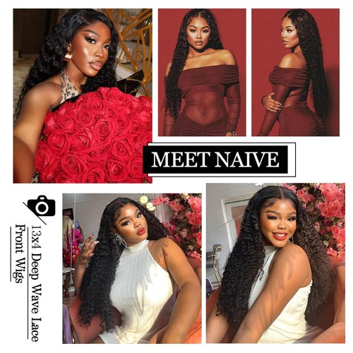Meet Naive Deep Wave Lace Front Wigs Human Hair 200% Density 13x4 HD Curly Lace Frontal Glueless Wigs for Women Pre Plucked Deep Wave Natural Color (24 Inch)
