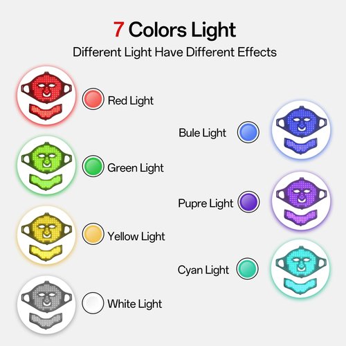 Facego Red Light Mask for Face and Neck - 7 Colors Red Light Mask, Facial Skin Care Device, Portable, Rechargeable and Ergonomic Design for Home