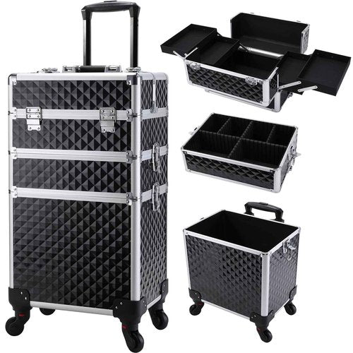 FRENESSA 3 in 1 Rolling Makeup Train Case Professional Cosmetic Trolley Large Storage with Keys Swivel Wheels Salon Barber Case Traveling Cart Trunk for Make Up Hairstylists Nail Tech, Vintage Black