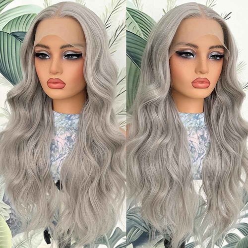 Lovestory 13X4 Silver Gray Long Wavy Synthetic Lace Front Wig For Women Free Part Loose Curly Grey Lace Front Wigs Glueless Heat Resistant