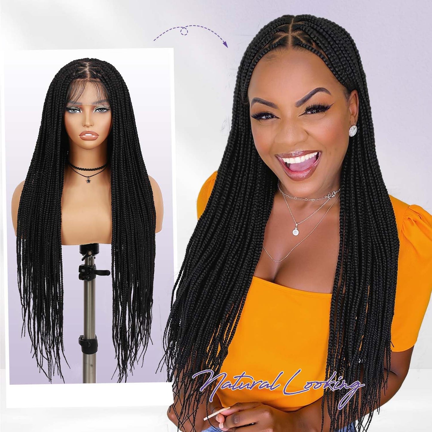 360 Full Lace Knotless Box Braided Wig, Long Black Synthetic Hair, Triangle Lace Front (Black, 34 inches)