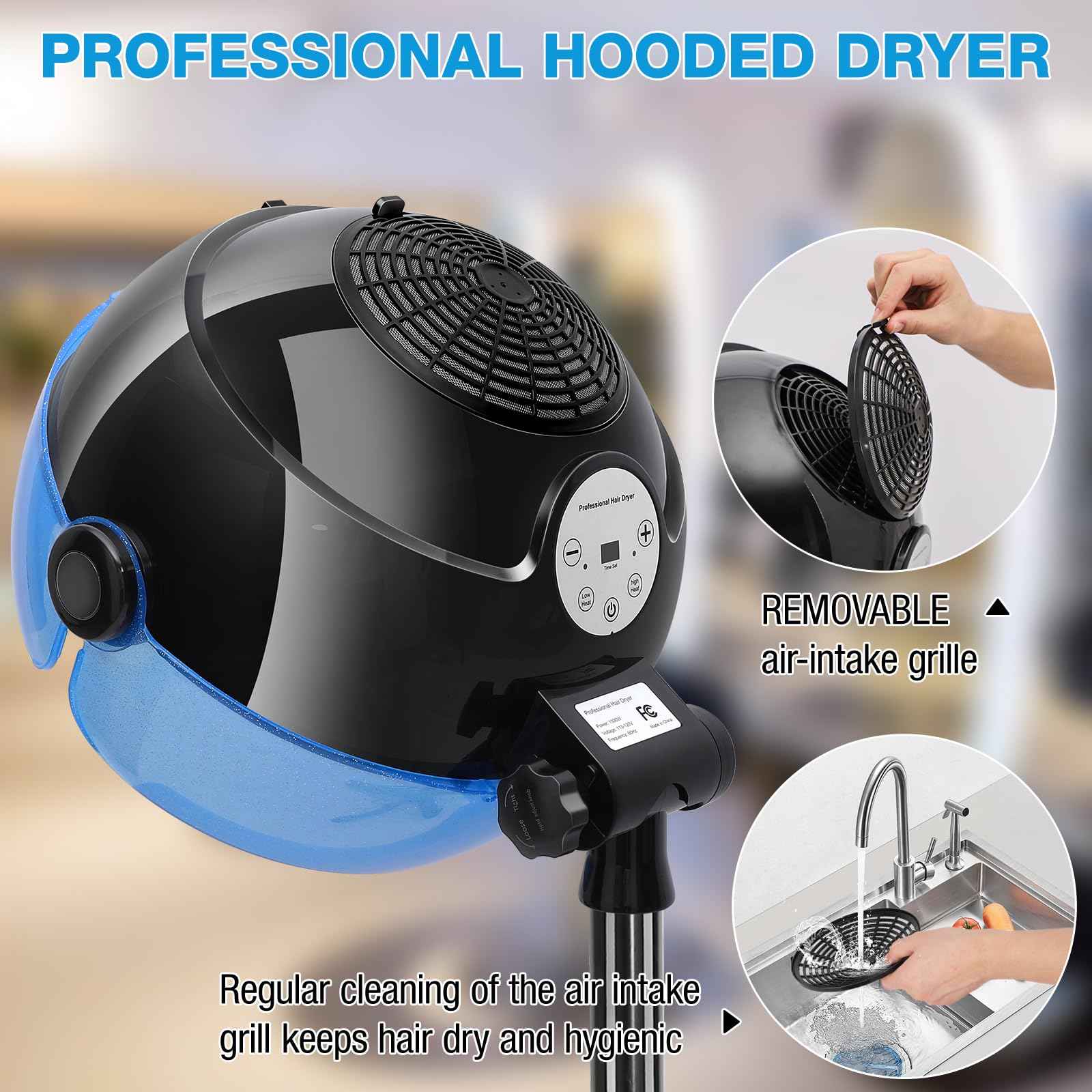 Hooded Hair Dryer, 1500W Standing Hair Dryer with Time Settings, Touch Controls and 3 Temperature Modes, Height Adjustable Ionic Hooded Dryer, Professional Hooded Dryer for Home or Salon Use