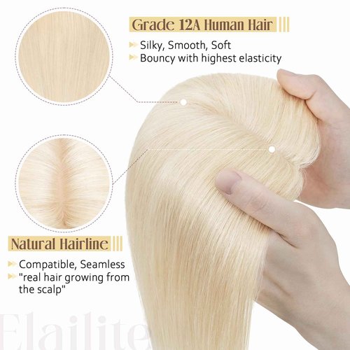 Elailite Hair Toppers for Women With Thinning Hair - Real Human Hair V3.0 Clip in Pieces 10 Inch Middle Parting for Loss Cover Gray Fine [Style-B] #60 Platinum Blonde