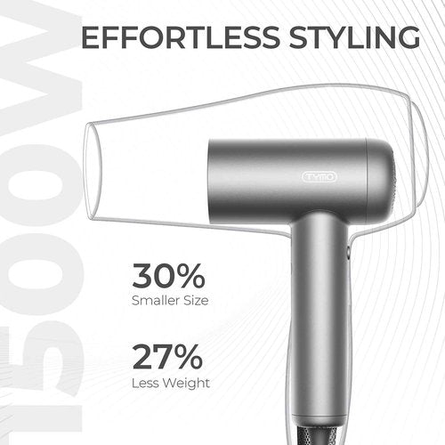 TYMO Ionic Hair Dryer for Women, Professional Blow Dryer with 110000 RPM Brushless Motor for Fast Drying, Travel Lightweight AIRHYPE Lite Hairdryer, Low Noise, 4 Temps & 3 Speeds for Man, Silver