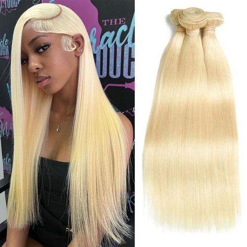 613 Straight Bundles Human Hair 3Bundles Real Human Hair Bundles Extensions Light Blonde Color 3Bundles Human Hair enough to full head(141618 Inch)