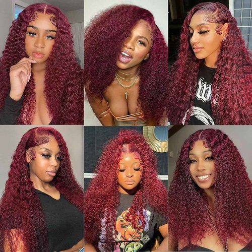 ZANPAL 99J Burgundy Deep Wave Lace Front Wigs Human Hair 13x4 HD Lace Frontal Wigs Human Hair Lace Front Wigs Pre Plucked 99j Burgundy Deep Curly Wigs Human Hair Wigs For Women 180% Density 24 Inch