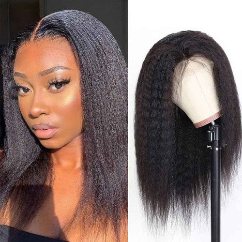ZIYU Kinky Straight 13x4 Lace Front Wig Human Hair, Kinky Straight Wigs Human Hair Pre Plucked Hairline with Baby Hair, 180% Density Yaki Straight Frontal Wigs for Women Natural Black Color 14 Inch