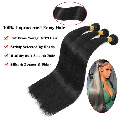 NROOEAY Straight Bundles Human Hair 34 inch 100% Unprocessed Brazilian Straight Hair Bundles 12A Remy Virgin Retain the Intact Cuticle, Long Lifespan