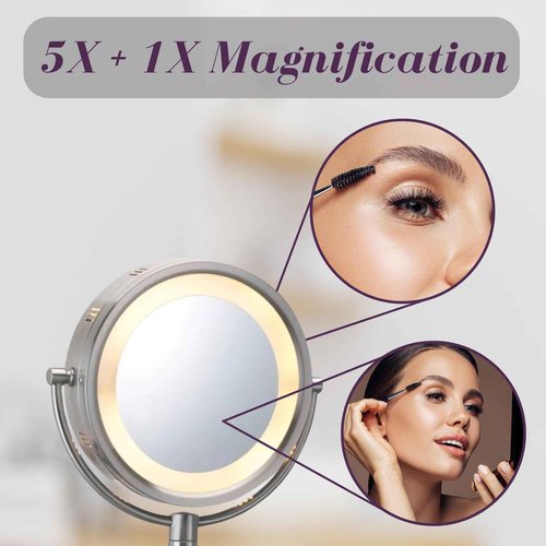 JERDON Wall-Mounted Makeup Mirror with 5X Magnification - Nickel Makeup Mirror with LED Lights - Plug in - HL65N