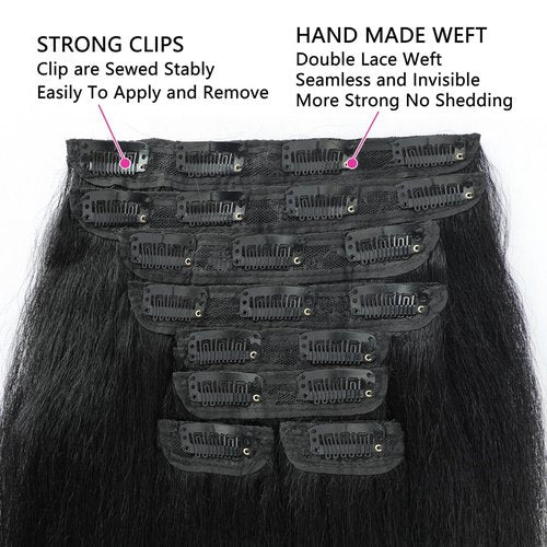 Kinky Straight Clip ins 8Pcs 110g 24 Inch Kinky Straight Clip in Hair Extensions Real Human Hair Brazilian Remy Human Hair Extensions for Women Per Set with 20 Clips Double Weft Natural Black