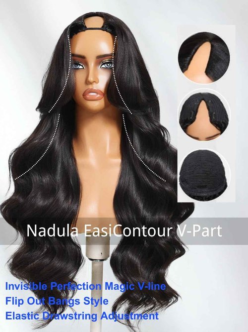 Nadula Yaki Wavy V Part Drawstring Wig Human hair with Blow Out Bangs, Glueless EasiContour Vpart Wigs No Leave Out Beginner Friendly Clip In V Shape Wigs Upgrade Wavy U Part Wig 150% Density 16inch