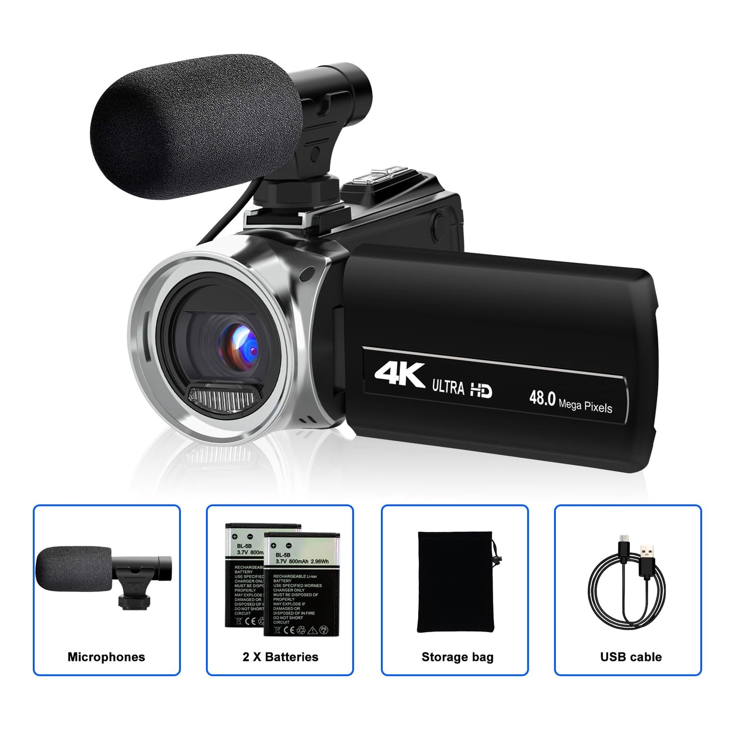 YEEIN Video Camera Camcorder 4K 48MP Digital Vlogging Camera for YouTube 3.0 Inch 270°Rotation LCD Screen 18x Digital Zoom Video Recorder with Microphone, 2 Batteries