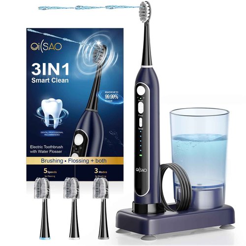OILSAO Electric Toothbrush with Water Flosser Combo, All in One Sonic Toothbrush with 3 Modes & 5 Flossing Speeds, Rechargeable & Portable for Adult Teeth Cleaning and Plaque Removal, Dark Blue