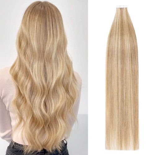Rich Choices Tape in Hair Extensions Human Hair, 40pcs 100g 100% Remy Tape Hair Extensions Real Human Hair,Seamless Tape in Hair Extension 16 Inch #12P613 Golden Brown Highlighted Bleach Blonde
