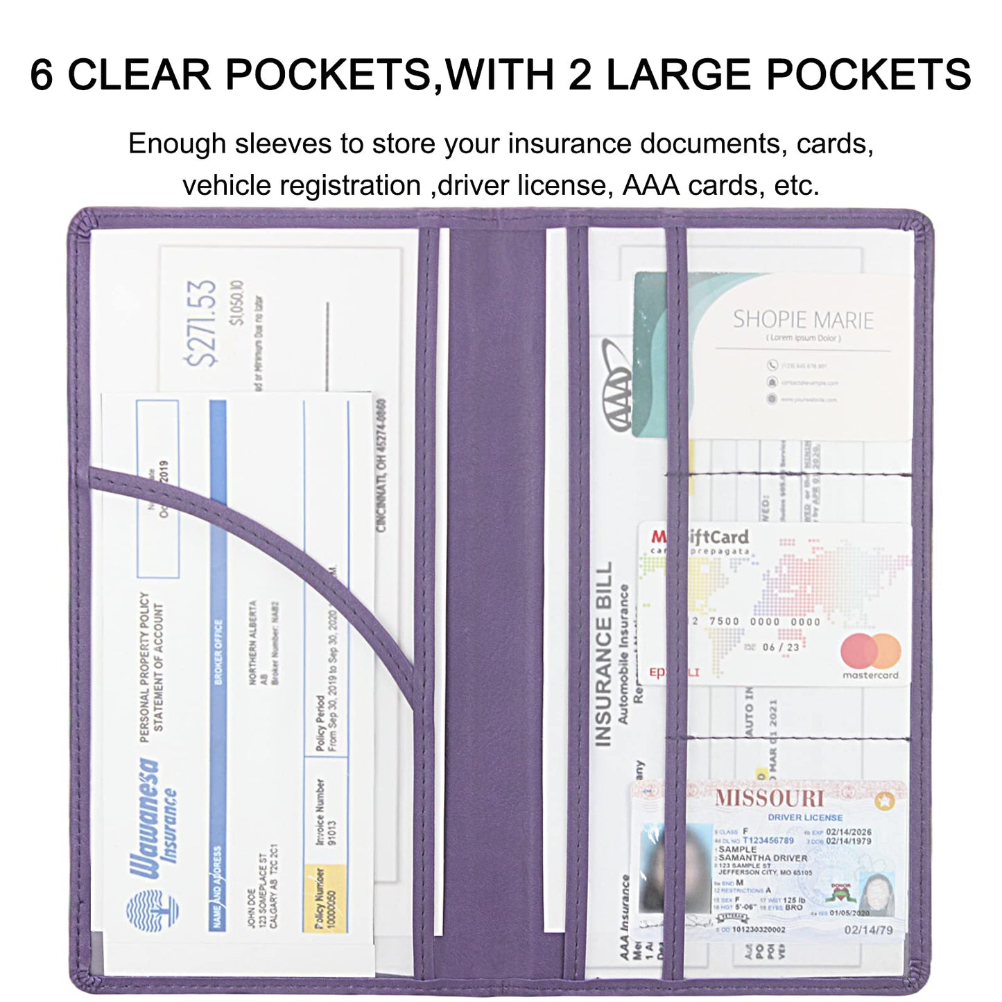 LumiMokki Premium Car Registration & Insurance Card Holder with Magnetic Shut, Vehicle Glove Box Car Organizer - For Documents, Cards, License (Purple)